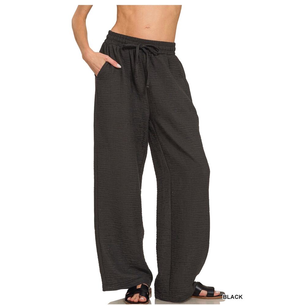 Zenana - Black Woven Crepe Drawstring Pants - Small - Picture 1 of 4